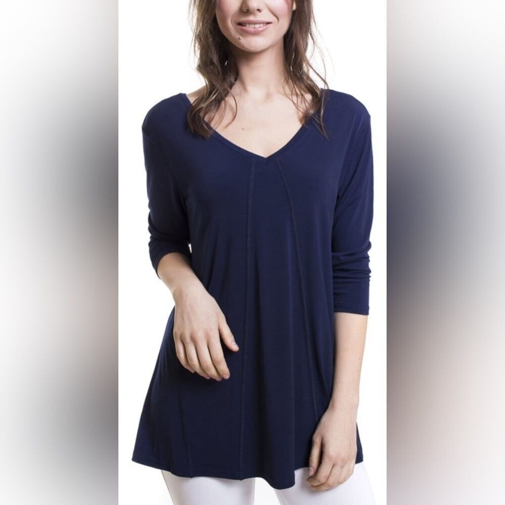 Navy‎ Blue Tunic Top V Neck 3/4 Sleeve Casual Comfy